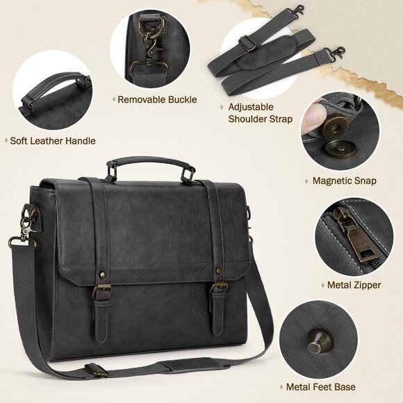 🆕 Men Grey Vintage Leather Laptop Computer Retro Work Business Shoulder Bag - Picture 5 of 10